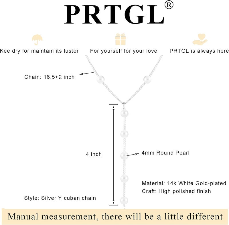PRTGL Store Pearl Necklace: 14K Gold-Plated/White Gold-plated Pearl Necklace for Women 16.5” + 2” - Image 5